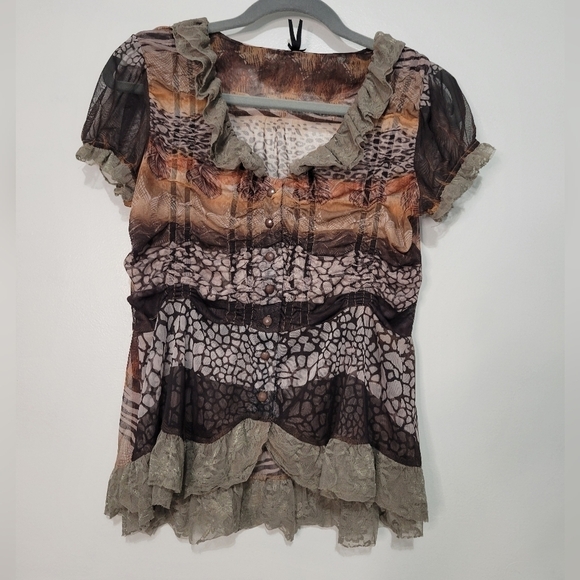 Lapis Lace Mesh Feather Print Coquette Fairy Top Large Brown - Picture 6 of 11